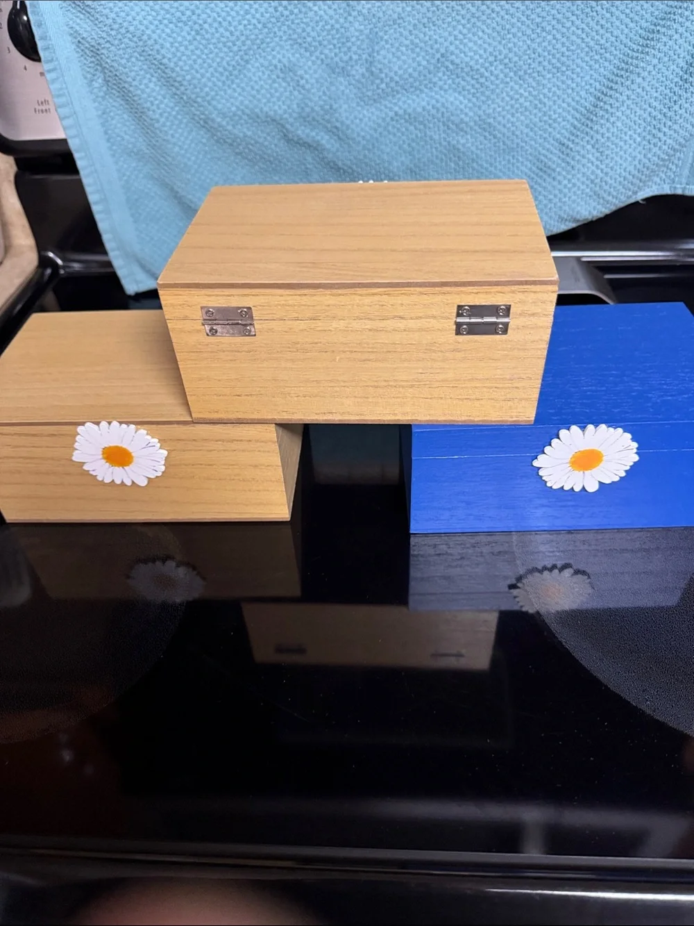 Decorative Daisy Wood Storage Boxes - Blue and Natural Lot of 3